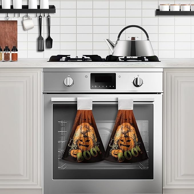 Halloween Boo Hanging Dish Towels Pumpkin Ghost Spooky Hand Towels with Hanging Loop Scary Moon Night Hanging Kitchen Towel Soft Absorbent Tea Towel for Halloween Home Bathroom Decor 2 Pcs