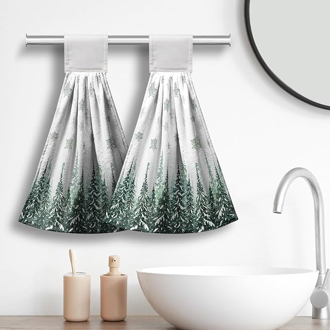 Winter Pine Trees Hanging Kitchen Towels 2pcs Snowflakes Hand Towel with Hanging Loop Winter Green Snow Tie Towels Soft Absorbent Dish Towel Decorative for Kitchen Farmhouse