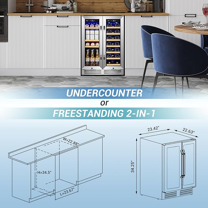 Wine and Beverage Refrigerator Under Counter, 24 Inch Beverage Fridge Dual Zone with Glass Door, Built In Beverage Cooler with Increase Capacity Space, Advanced Cooling System