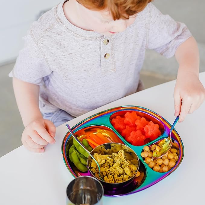 Ahimsa Stainless Steel Plates For Kids, Pediatrician Designed Colorful Divided Plates for Toddlers & Baby, Non Toxic, Unbreakable & Dishwasher Safe, Rainbow Set of 4