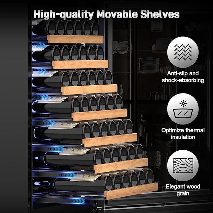 24 Inch Wide Wine and Beverage Refrigerator, 2 IN 1 Dual Zone Wine Cooler, Built-In/Freestanding Beverage Wine Fridge with Safety Lock, Low Noise and Fast Cooling Silver