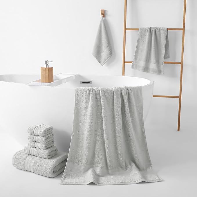 REDKISS Grey Towel Set of 8-100% Cotton Luxury Bath Towels Set for Bathroom, 600 GSM Highly Absorbent Bathroom Towel with 2 Large Bath Sheet, 2 Hand, 4 Washcloths, Grey Shower Towels for Dorm