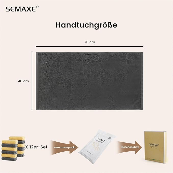 SEMAXE 12 Pack Hand Towels for Bathroom, 100% Cotton Towels with Hanging Loops, Soft and Highly Absorbent,Hand Towel Set for Gym, Shower, Hotel, Spa and Kitchen, Grey+Yellow