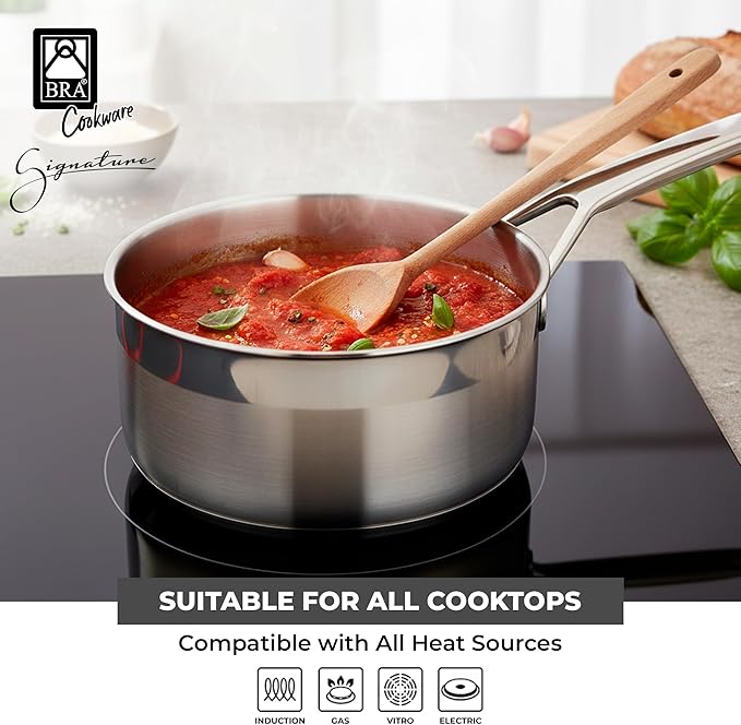 BRA COOKWARE Signature Stainless Steel Sauce Pot w/Glass Lid | 7 Inch 1.4 Quart Professional Grade Saucepan | PFOA Free Warming Pot | All Cooktops | All Cooktops (incl. Induction) & Oven Safe