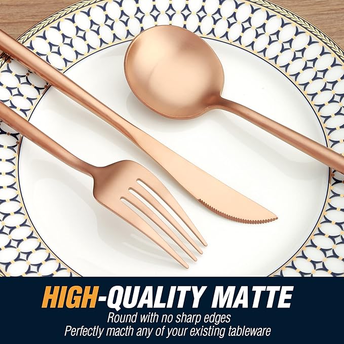 BirdyFly Matte Rose Gold Silverware Set, 20 Piece Stainless Steel Flatware Set Service for 4, Matte Rose Gold Cutlery Set, Include Knives/Forks/Spoons, Dishwasher Safe