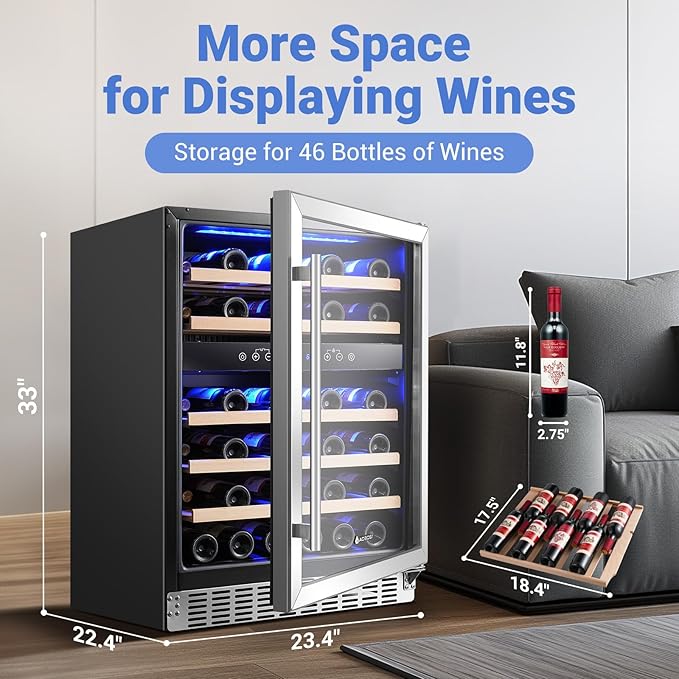 AAOBOSI 24 Inch Wine Fridge, 46 Bottles Wine Cooler with Dual Zone, Freestanding and Built-in Wine Refrigerator with Adjustable Shelves and Safety Lock, Double-Layer Glass Door, LED Light