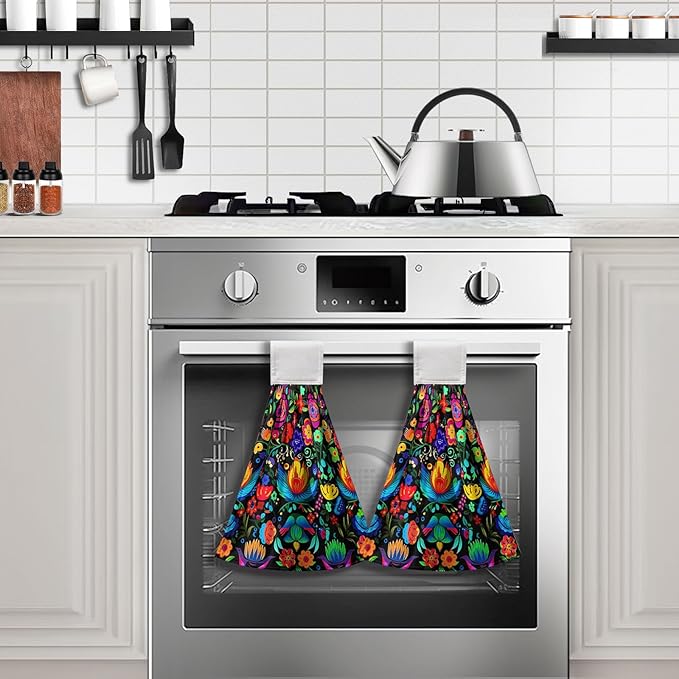 Mexican Day of The Dead Kitchen Towels with Hanging Loop Halloween Floral Hanging Hand Towel Holiday Dish Tie Towels Soft Absorbent Bathroom Kitchen Decoration