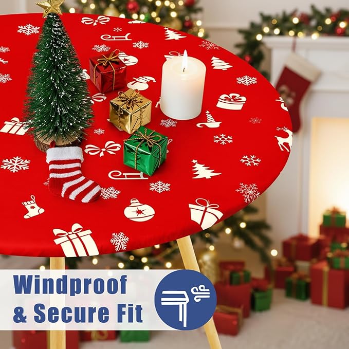 Round Spandex Christmas Tablecloth, Elastic Fitted Waterproof Tablecloths for 36"-44" Tables, Stretch Washable Picnic Table Cover for Christmas Dinner, Box Snowflake