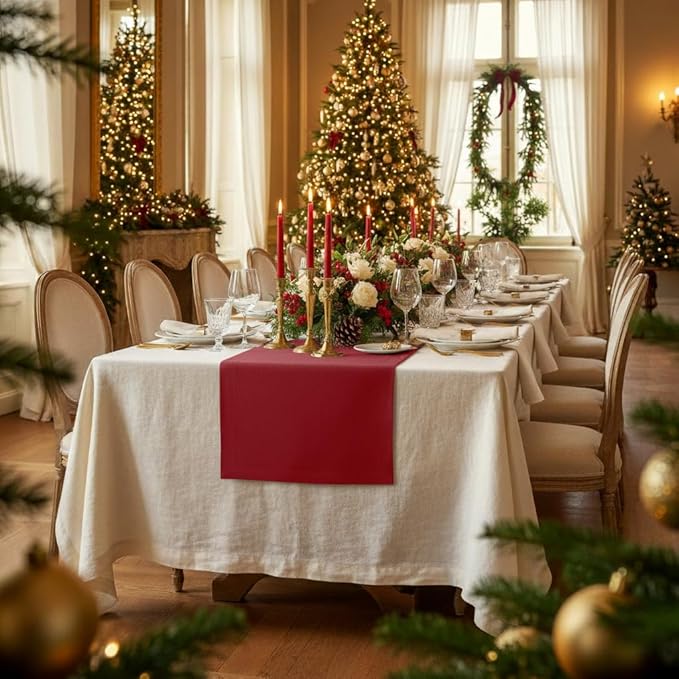 D'Moksha Homes Linen Red Table Runner 60 Inches - 100% Pure Linen Table Runner 14 x 60 Inch for Coffee Tables, Dresser, Winter, Holiday, New Year - Machine Washable