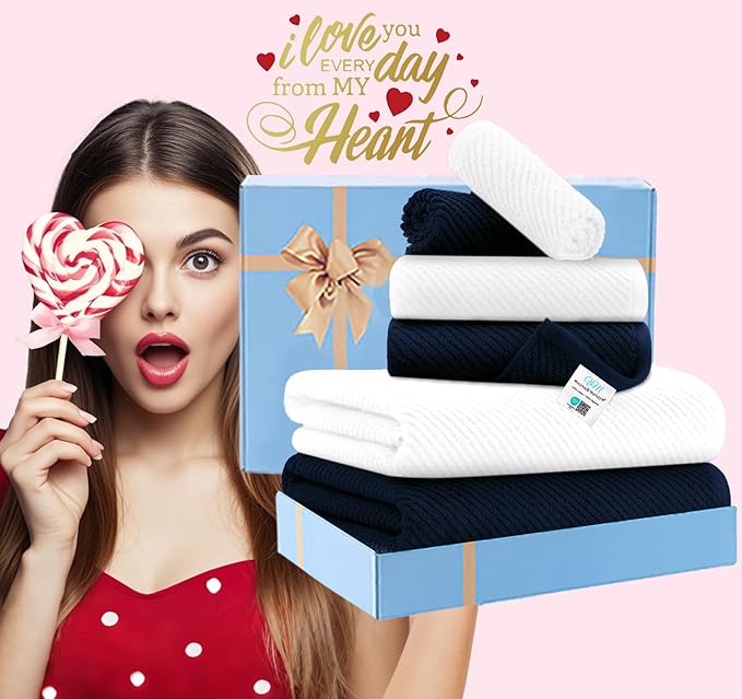 VOOVA & MOVAS Bathroom Towels - 100% Cotton | Quick Dry | Soft | Thick, 6 Piece Towel Set, 2 Large Bath 30"x56", 2 Hand 18"x28", 2 Washcloths 13"x13", Bathroom Essentials,Blue and White