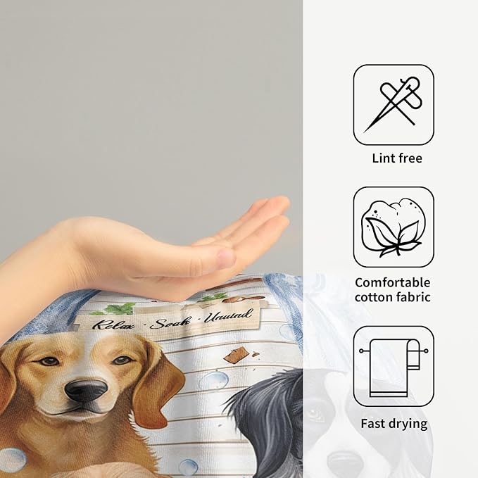 Imiss Funny Dog Hand Towels Set of 2 Bathtub Dog Bath Soap Foam Bathroom Guest Towel Wooden Vintage Country Kitchen Dish Towel 14.4 x 28.3 Inch for Bathroom Spa Sport Hotel