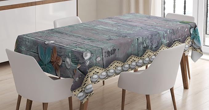 Ambesonne Pearls Tablecloth, Floral Rustic Designed Pearls and Lace Like Design Flowers Wooden Background Print, Rectangular Table Cover for Dining Room Kitchen Decor, 60" X 90", Brown Blue