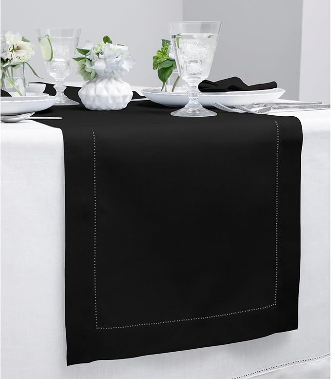 Solino Home Linen Black Table Runner 36 Inches - Classic Hemstitch, 100% Pure Linen Coffee Table Runner 14 x 36 Inch Ideal for Dresser Tables - Winter, Holiday