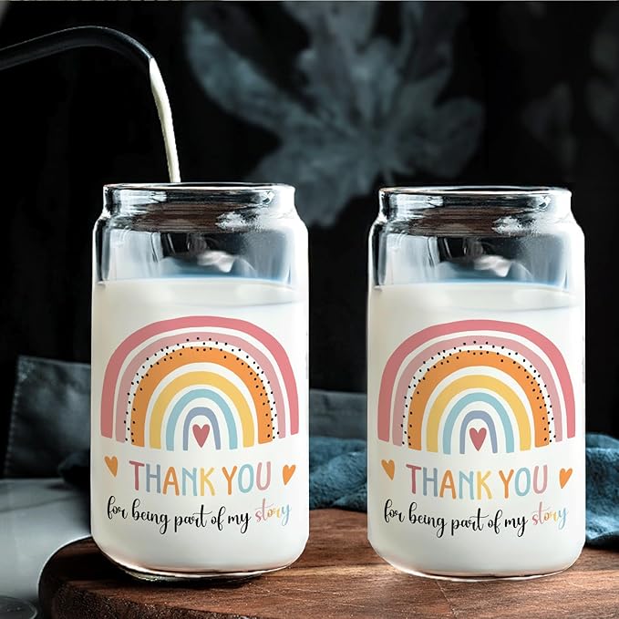 Boho Rainbow Teacher Glass Cup with Lids and Straws 14oz, Teacher Appreciation Gifts, Best Teachers Gifts for Women Glass Iced Coffee Tumbler Drinking Jars with Cleaning Brush