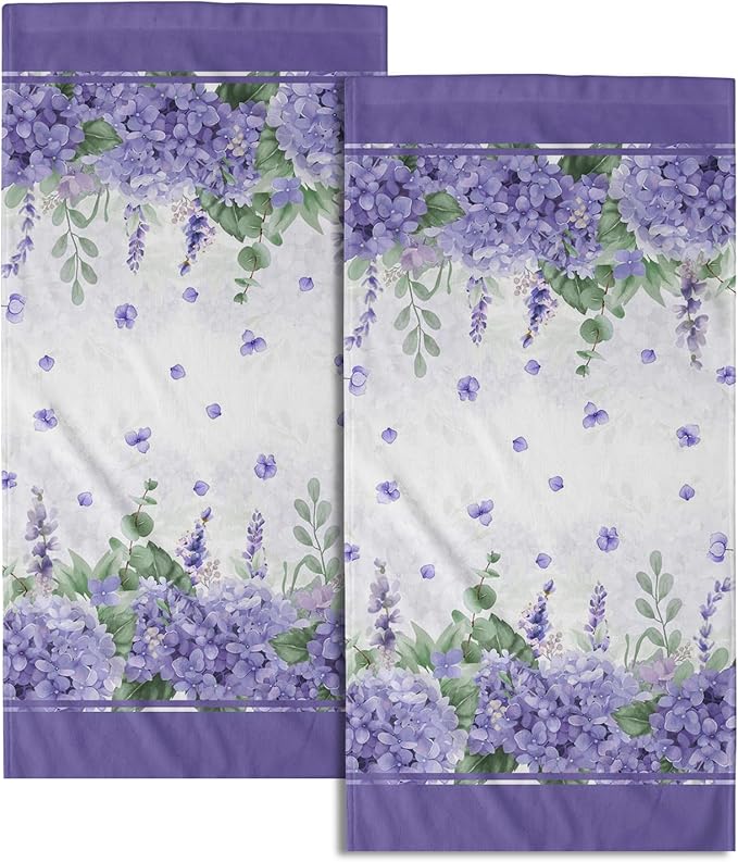 Imiss Purple Hydrangea Floral Hand Towels for Bathroom Set of 2, Watercolor Lavender Flowers Green Leaf Decor Face Bath Towels 14.4 x 28.3 Inch Seasonal Kitchen Dish Cloth for Hotel, Spa, Gym, Yoga