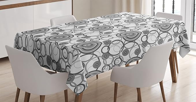 Ambesonne Grey Tablecloth, Swirling Circles in The Retro Style Simple Modern Patterns Graphic Grayscale Themed Art Print, Rectangular Table Cover for Dining Room Kitchen Decor, 52" X 70", White Grey
