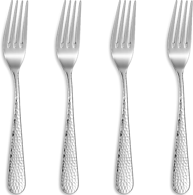 KEAWELL Premium 4-Piece Louise Hammered Fork Set, 18/10 Stainless Steel, Fine Fork Set with Round Edge, Brightly-Mirror polished, Dishwasher Safe. (4, 8" Dinner Forks)