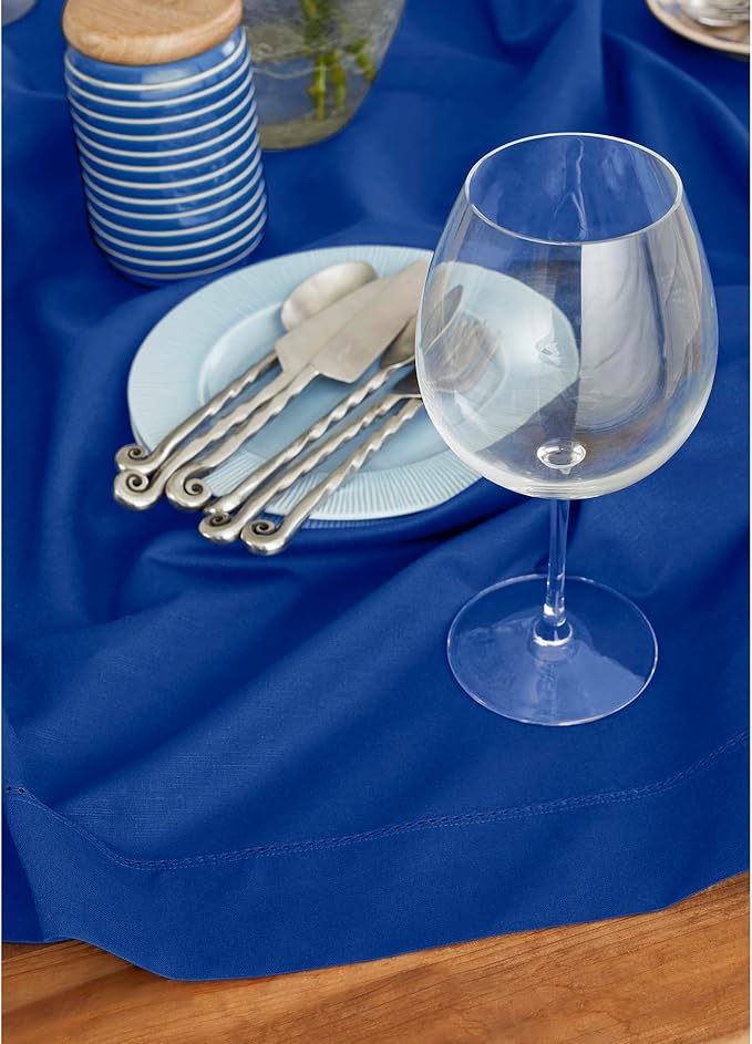 Solino Home Blue Cotton Linen Tablecloth 52 x 52 Inch - Hemstitch Square Table Throw - Machine Washable Tablecloth for Winter