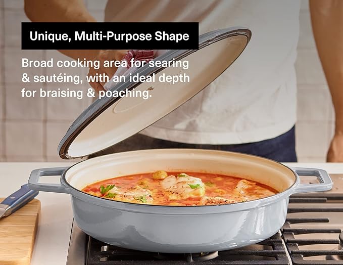 Misen 5.5 QT Braiser – Enameled Cast Iron Pan for Searing, Braising & Slow Cooking – No-Chip Enamel Coating – Extra-Wide Handles – Superior Heat Retention & Even Cooking - Gray
