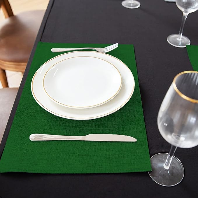 Cloth Green Placemats Set of 8, Linen Type Fabric Placemats Machine Washable Heat Resistant Placemats Polyester Place Mats for Halloween, Thanksgiving and Christmas Dining Table (Forest Green)