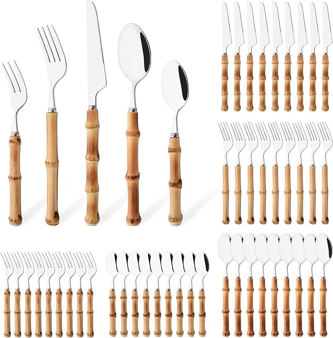 50PCS Silverware Set for 10, Bamboo Handle Flatware Set, Stainless Steel Cutlery Set for Home Restaurant and Party, Bamboo Forks Spoons and Knives Set, Polished Tableware