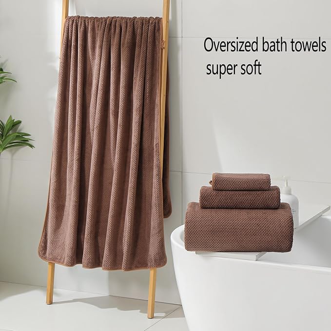 YTYC 29x59 Inch Extra Large Bath Towels Set of 6 Quick Dry Super Soft Microfiber Towels for Bathroom 80% Polyester (Brown,6 Piece)