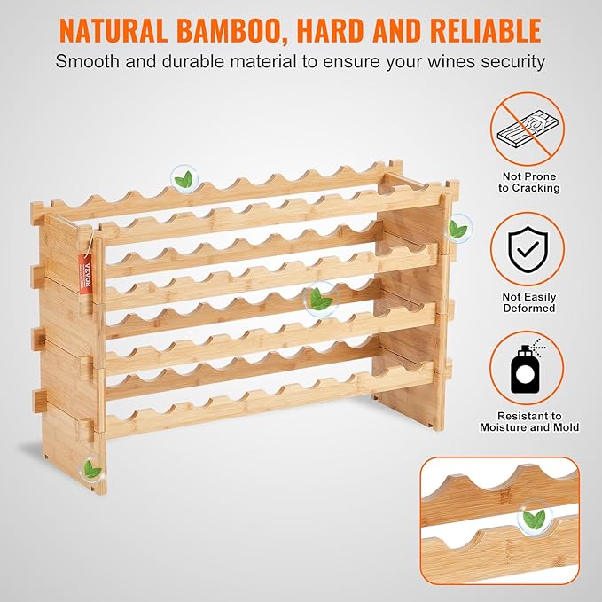 VEVOR 36 Bottle Stackable Modular Wine Rack, 4-Tier Solid Bamboo Wood Storage Racks, Floor Freestanding Wines Holder Display Shelf, Wobble-Free Shelves for Kitchen, Bar, and Cellar (Natural Color)