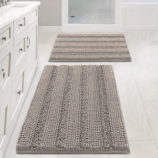 Non Slip Thick Shaggy Chenille Bathroom Rug Mat Set Extra Soft and Absorbent Striped Floor Rugs, 2 Piece, Machine-Washable