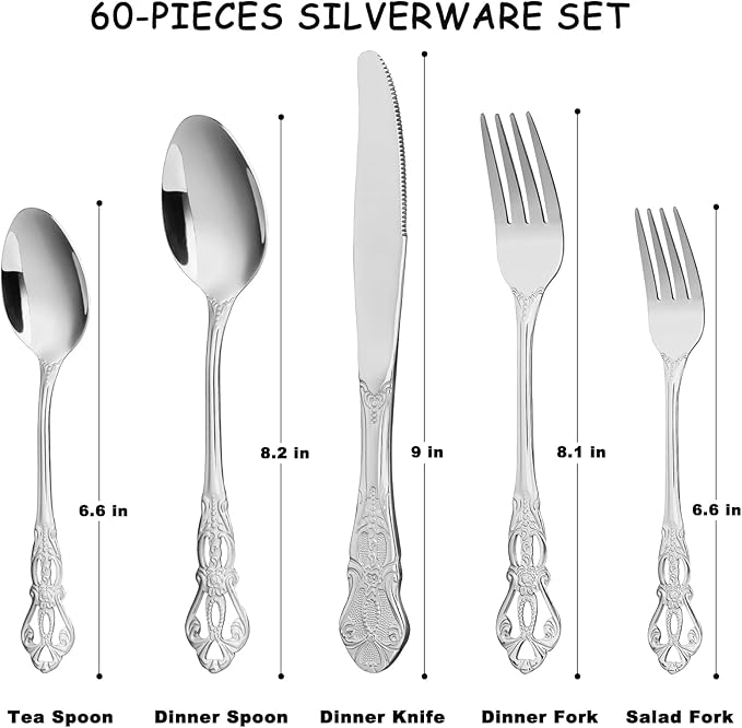 60 Piece Gorgeous Retro Royal Silverware Set for 12, Premium Stainless Steel Flatware Set with gift box, Mirror Polished Cutlery Set Including Spoons and Forks, Vintage Utensils, Dishwasher Safe