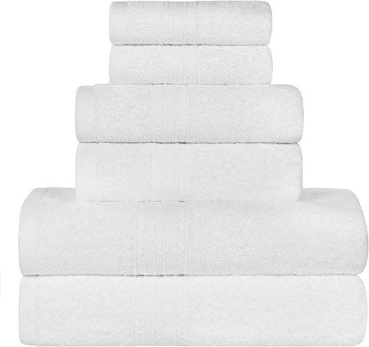 Superior Eco-Friendly Cotton 6-Piece Towel Set, Bathroom, Shower, Spa, Large and Small Assorted Towels for Home, Apartment, Dorm, 2 Bath, 2 Hand, 2 Face/Washcloth, Soft, Highly Absorbent, White