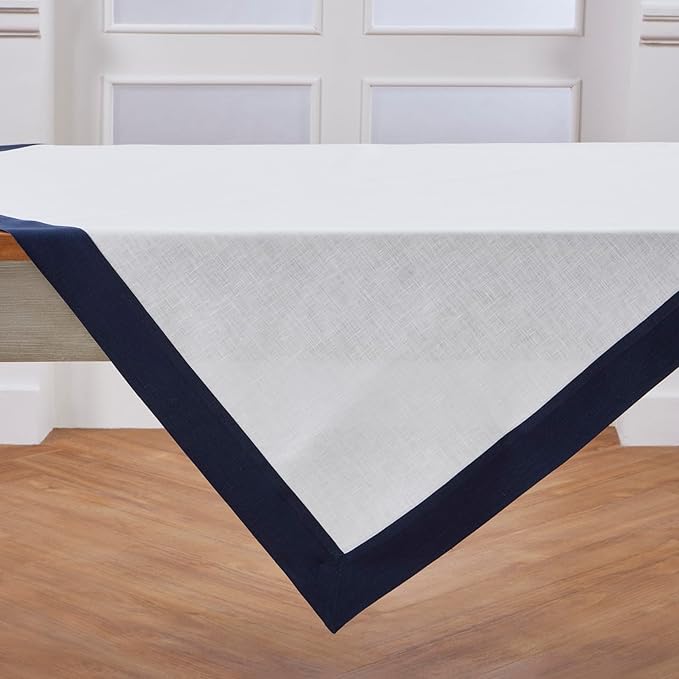 Solino Home Linen Square Tablecloth 52 x 52 Inch - 100% Pure Linen Navy and White Table Throw - Contempo, Machine Washable Table Cloth for Winter