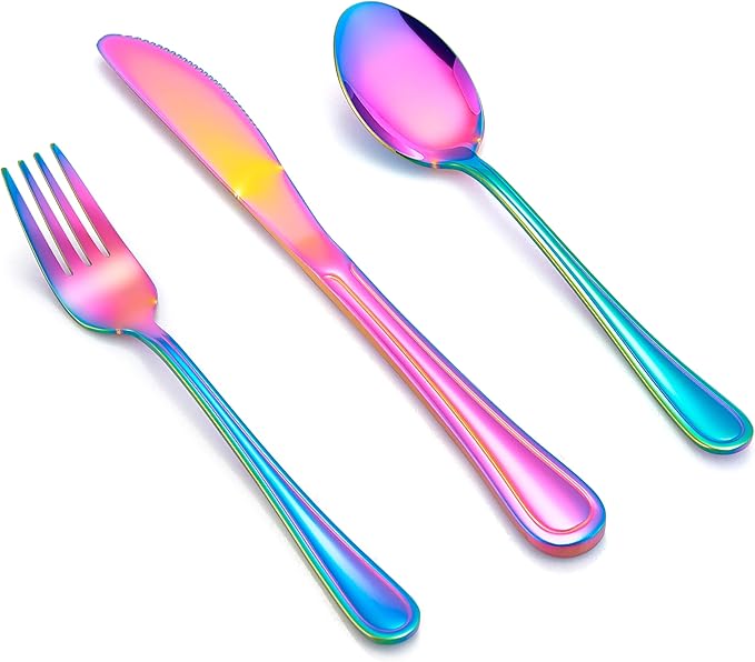 E-far 6-Piece Kids Silverware, Stainless Steel Toddler Utensils Safe for Preschooler/Children, Includes 2 Forks 2 Spoons 2 Knife, Slimline Adult Look & Small Size, Rust Free & Mirror Polished-Rainbow