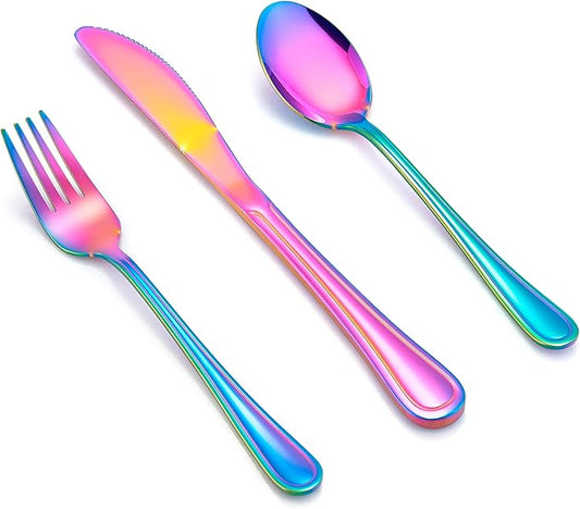 E-far 6-Piece Kids Silverware, Stainless Steel Toddler Utensils Safe for Preschooler/Children, Includes 2 Forks 2 Spoons 2 Knife, Slimline Adult Look & Small Size, Rust Free & Mirror Polished-Rainbow