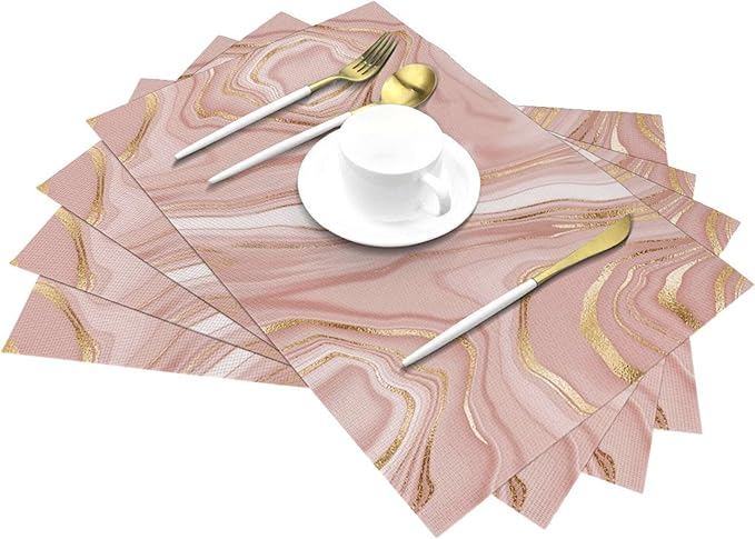 Pink Golden Marble Placemats Set of 4 Linen 12"x18" Rose Pink Modern Decorative Place Mats Washable Kitchen Table Mats for Dining Outdoor Farmhouse Home Decor Holiday Party Dining Mat