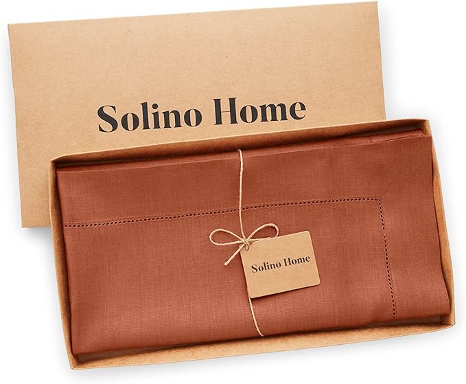 Solino Home Linen Cinnamon Tablecloth 52 x 52 Inch - 100% Pure Linen Square Table Throw - Classic Hemstitch, Machine Washable Table Cloth