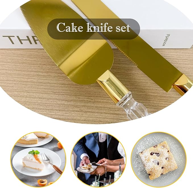 Adorox Elegant Cake Knife and Server Set - Stainless Steel with Crystal Handle - Perfect for Weddings & Anniversaries,and Special Celebrations (Gold)