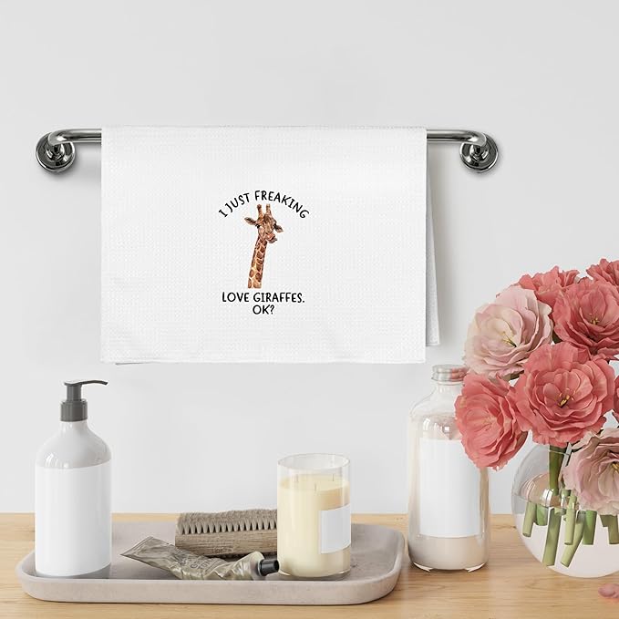 Funny Giraffe Kitchen Towels Gifts, Woodsy Giraffe Cabin Bathroom Decor for Home, Cute I Just Freaking Love Giraffes Decor Dish Hand Tea Towels for Bathroom Kitchen, 16x24 Inches
