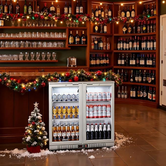 BODEGA BODEGACOOLER Back Bar Cooler With 2 Glass Doors,7.4 Cu.Ft Stainless Steel Commercial Back Bar Fridgewith LED Lighting, Counter Height Bar Beverage Cooler for Beer,Soda Drinks,Wine