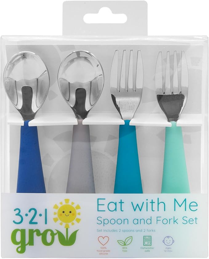 Eat with Me Spoon and Fork Set – Toddler Utensils with Easy-Grip Silicone Handles – Kid-Sized & Safe Stainless Silverware – Promotes Independent Eating – Dishwasher Safe (Midnight)