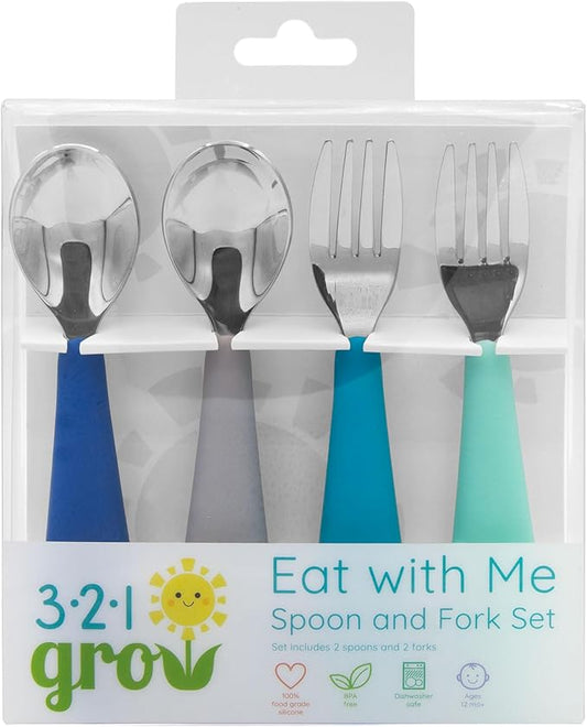 Eat with Me Spoon and Fork Set – Toddler Utensils with Easy-Grip Silicone Handles – Kid-Sized & Safe Stainless Silverware – Promotes Independent Eating – Dishwasher Safe (Midnight)