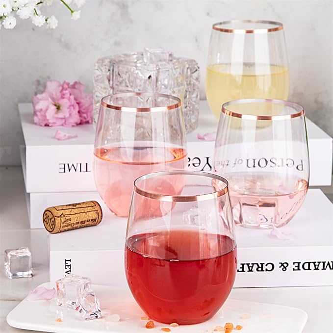 SUT 24 Disposable Stemless Wine Glasses, 12OZ Plastic Party Wine Cups, Rose Gold Wine Glasses, Shatterproof Reusable and BPA-Free, Clear Drinking Glasses Perfect for Outdoor Party, Wedding, Picnic