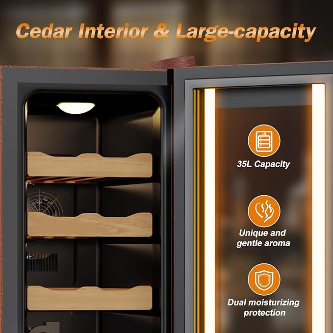 Electric Humidor with Leather-35L Cooling & Heating Humidor, Smart Touch Control Humidity & Temp, Humidors wtih Spanish Cedar Wood Tray, Digital Display, Safety Lock, Desktop Gift for Men