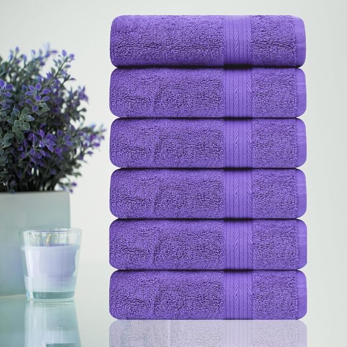 Ample Decor Bathroom Hand Towels 18 X 28 Inch 600 GSM 100% Cotton, Soft Absorbent - 6 Pcs Purple