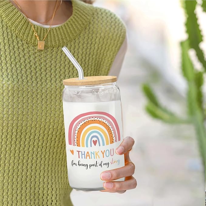 Boho Rainbow Teacher Glass Cup with Lids and Straws 14oz, Teacher Appreciation Gifts, Best Teachers Gifts for Women Glass Iced Coffee Tumbler Drinking Jars with Cleaning Brush