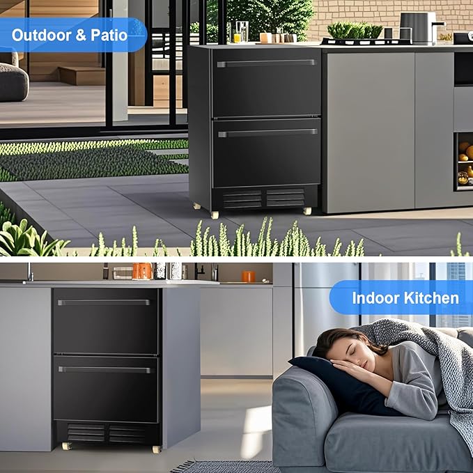 24 Inch Outdoor Refrigerator for Patio with Wheels-Under Counter Dual Drawer Beverage fridge with Stainless Steel Door, Built-In/Freestanding Drink Cooler for Outdoor/Indoor, Weatherproof, Black