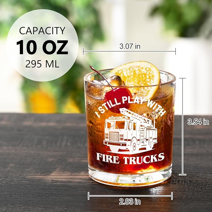 Futtumy Firefighter Gifts for Men, I Still Play With Trucks Whiskey Glass, Fireman Retirement Gifts, Funny Birthday Father's Day Christmas Gift for Firefighter Fireman, 10 Oz Old Fashioned Glass