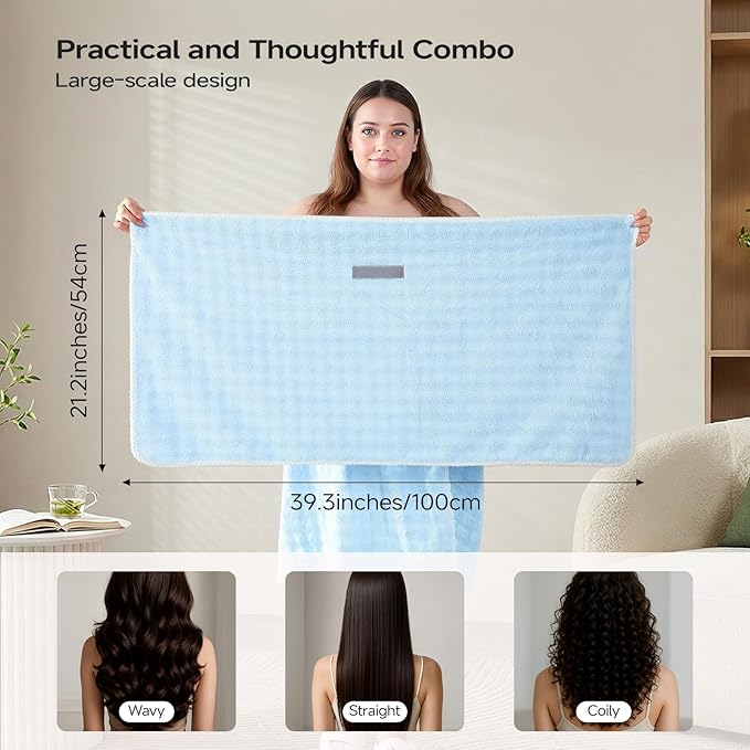 REDKISS Blue Towel Wrap for Women, XL Spa Shower Wrap with Hair Towel, Super Absorbent Bath Towels Robe for Body, Adjustable Microfiber Plush Bathrobe for Girls, Warmth Velcro Plus Size Wraps Towels
