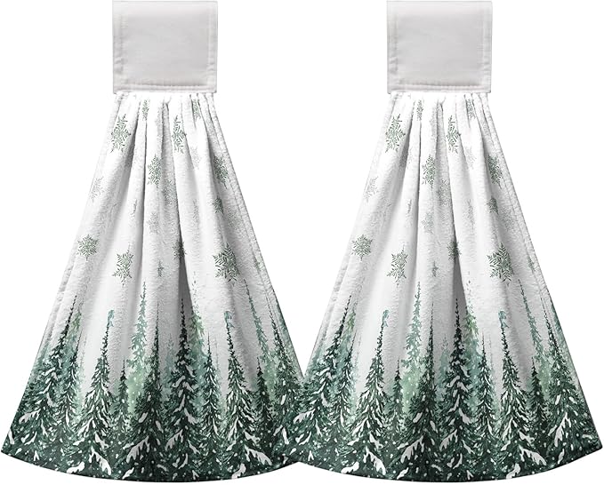 Winter Pine Trees Hanging Kitchen Towels 2pcs Snowflakes Hand Towel with Hanging Loop Winter Green Snow Tie Towels Soft Absorbent Dish Towel Decorative for Kitchen Farmhouse