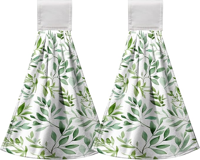 Spring Green Leaves Hanging Hand Towels Watercolor Eucalyptus Leaf Tie Towel Summer Hanging Dish Towels Absorbent Washable Kitchen Towel with Loop for Bathroom Kitchen