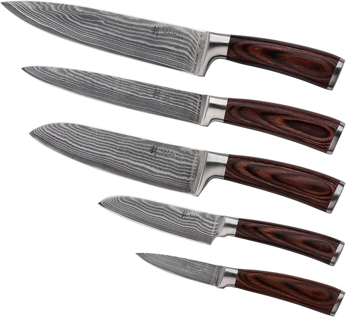 Wakoli EDIB 5-Piece Damascus Knife Set – Professional Chef Knives Set with VG10 Core Blades, 67-Layer Damascus Steel and Ergonomic Pakkawood Handles – Premium Kitchen Knives in Wooden Gift Box